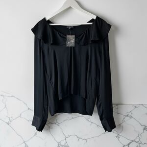 J.Crew Goldie Satin Women’s Blouse Long Sleeve Sz M Black Viscose Ruffle Silky